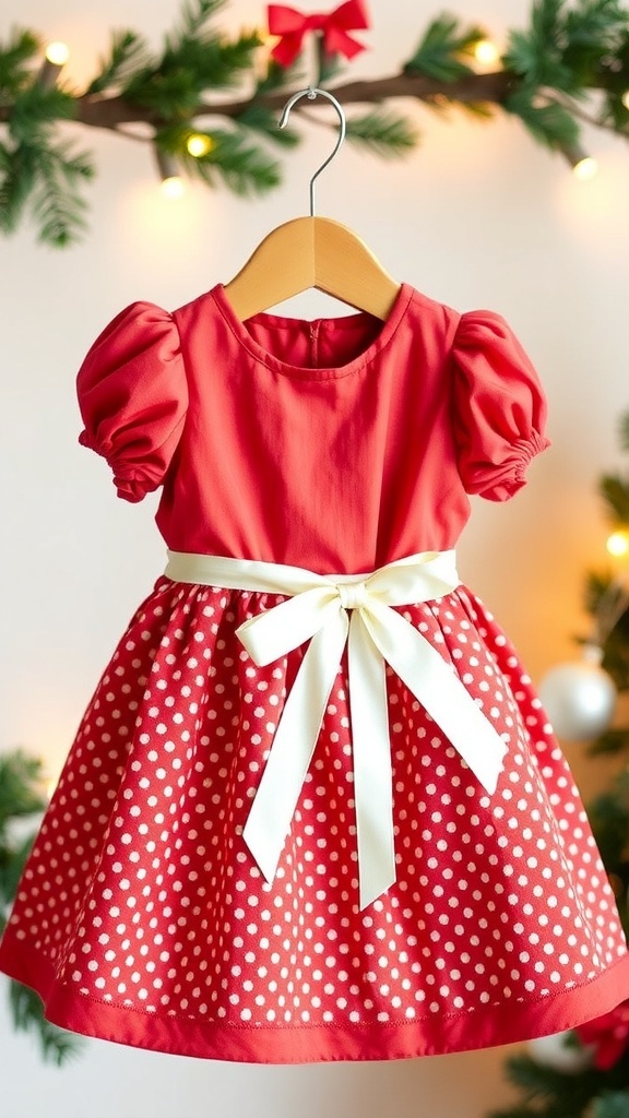 Vintage Christmas baby dress with puff sleeves and a bow, hanging on a wooden hanger with holiday decorations in the background.